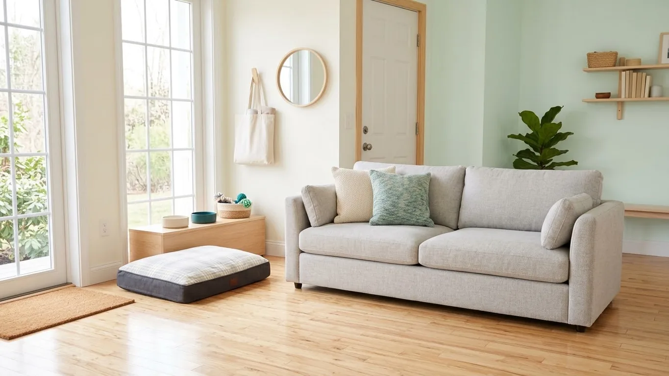 Clean, pet-friendly living room with a dog bed, bowls, and spotless hardwood floors