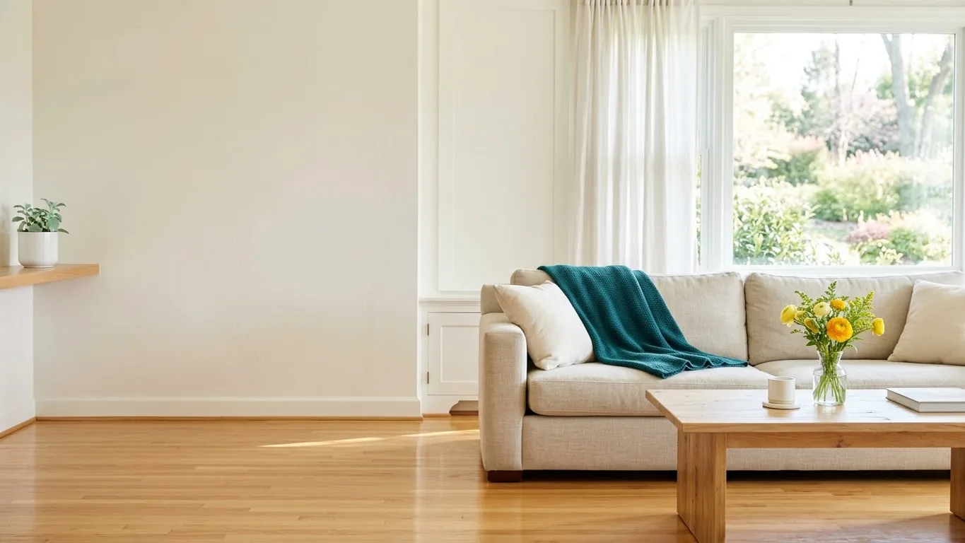 Bright, freshly cleaned living room with a linen sofa and yellow flowers on the coffee table