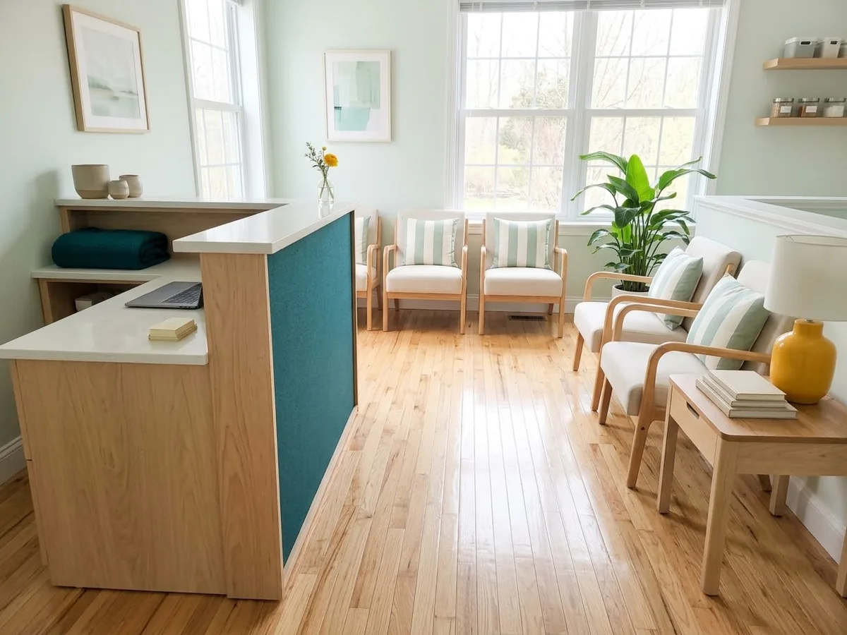 Clean small business reception area with polished floors and tidy seating
