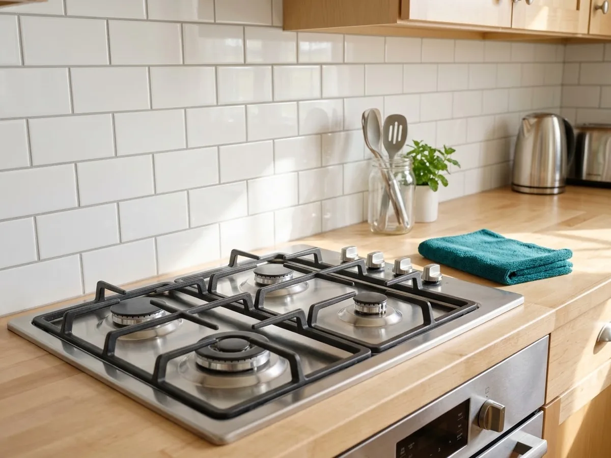 Spotless stainless steel stovetop and white tile backsplash after a deep cleaning