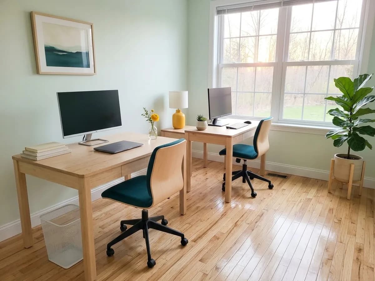 Clean small office with tidy desks, chairs pushed in, and empty trash bins
