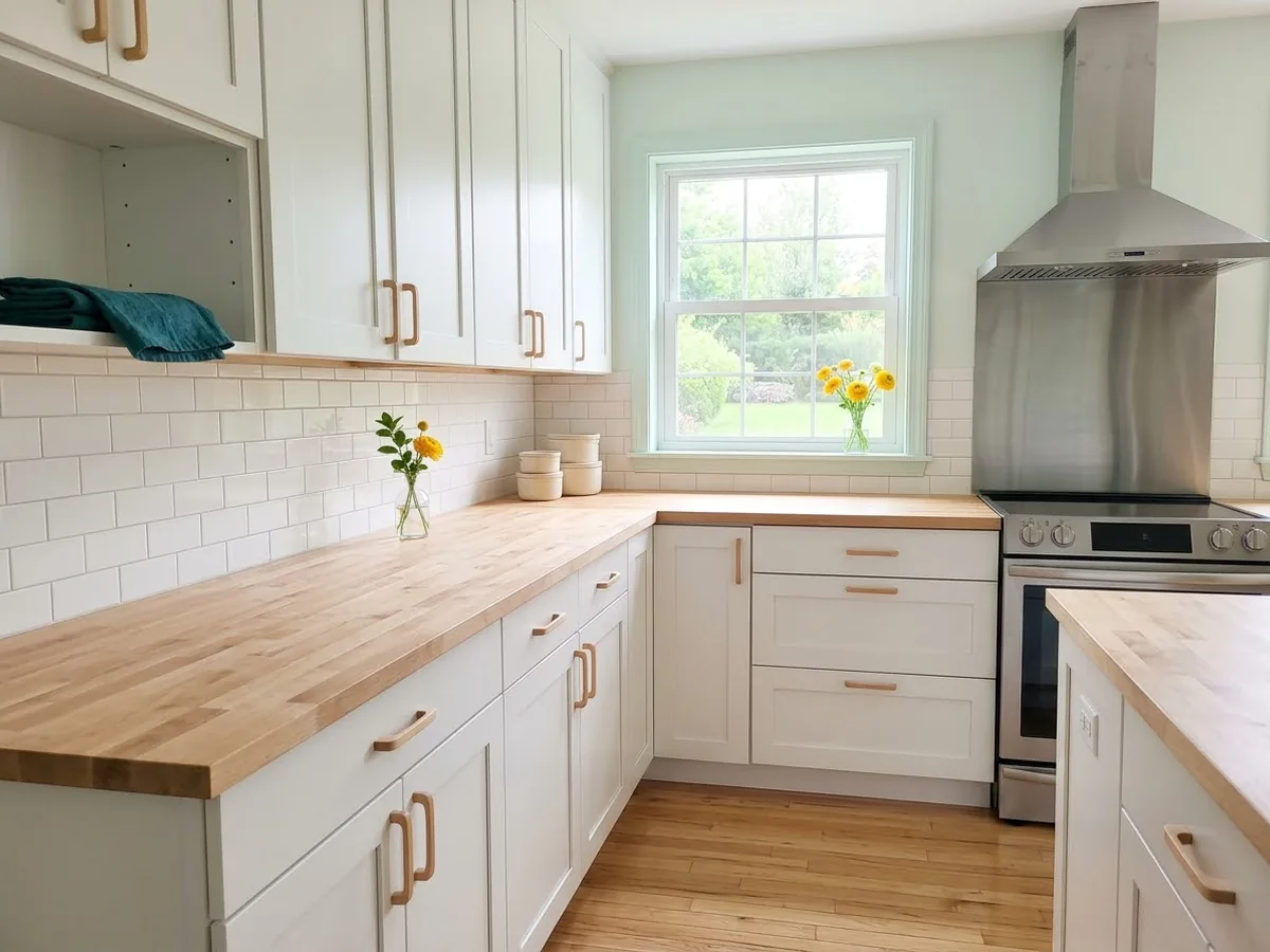 Newly renovated kitchen with dust-free cabinets and butcher block counters after a post construction cleaning